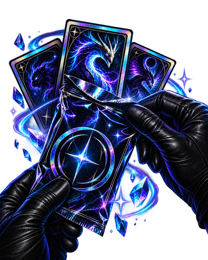 Black gloves opening a foil pack beneath glowing blue and violet fantasy cards